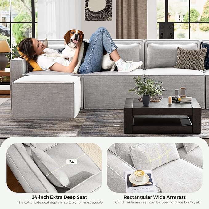 ELUCHANG 120" Modular Sectional Sofa Couch, 4 Seater Large Sectional Couches for Living Room, Modern Linen Fabric Oversized Couch, Comfy Deep Seat Home Sofas Set, Light Grey