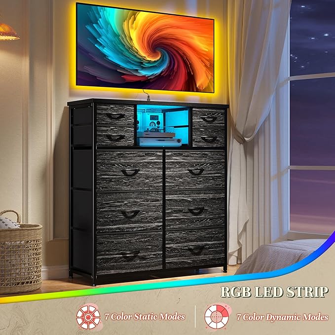 Dresser for Bedroom with Charging Station and LED and 10 Fabric Drawers, Sturdy Tall Chest of Drawers with 2 Open Storage Shelves Storage Tower for Clothing, Closet, Hallway (Black)