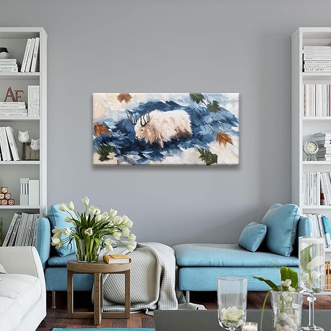 Animals Abstract Wall Art Paintings Rustic Cow Dark Blue Canvas Art Wall Decor Prints Picture For Bedroom Living Room Office Home Wall Decor 20"X 40" Ready To Hang