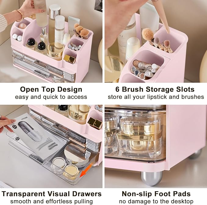 DASITON Large Capacity Makeup Organizer for Vanity with 2 Drawers, Skincare Organizers with Makeup Brush Holder, Cosmetic Display Case for Dresser Vanity Bathroom Countertop (Pink)