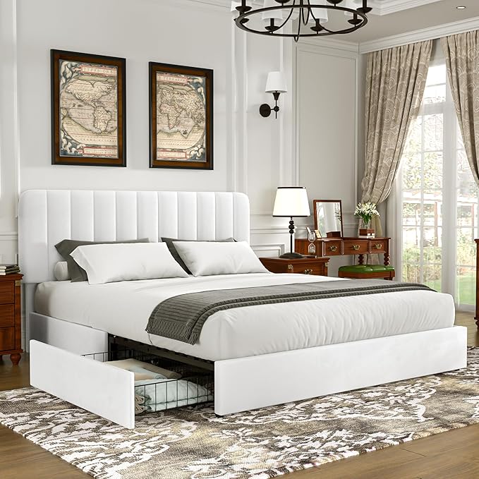 VECELO Queen Size Upholstered Bed Frame with 4 Drawers and Headboard, Velvet Platform Storage Bedframe, Wooden Slats Support, No Box Spring Needed,Snow-White