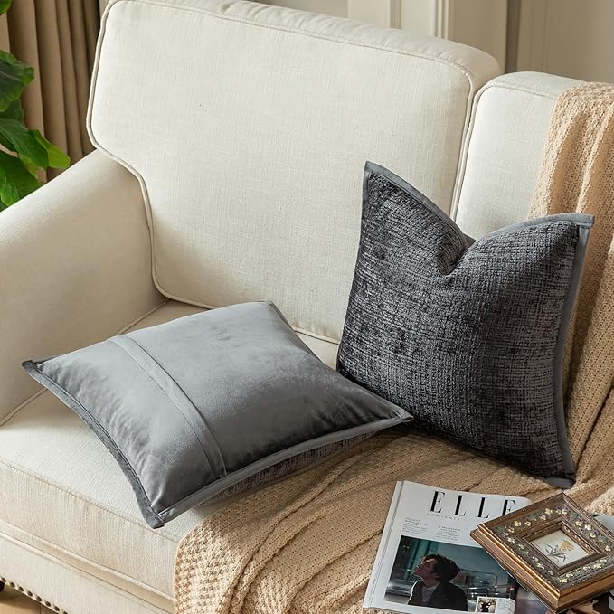 Yaertun Pack of 2 Chenille Textured Decorative Throw Pillow Covers Accent Solid Cushion Cover Soft Cozy Pillow Case with Velvet Back for Couch Sofa Bed Living Room 26x26 Inch Dark Grey