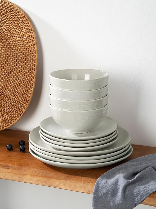 Famiware Moonlight Plates and Bowls Sets, 18 Pieces Stoneware Dinnerware Sets with Linen Finish, Handmade Dishware set for 6, Microwave and Dishwasher Safe, Scratch Resistant Tableware, White