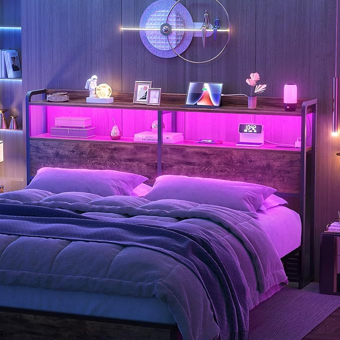 Aheaplus Headboard for Queen Size Bed Frame, Headboards with Outlets, USB Ports and LED Light, Head Board with Storage, Height Adjustable, Sturdy and Stable Headboard, Queen Size, Rustic Brown