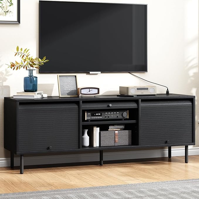 59 Inch TV Stand for TVs up to 65 Inch, Entertainment Center with Power Outlet, Mid-Century Modern TV Console with Storage, Adjustable Shelf & Sliding Doors, TV Stand for Living Room, Black