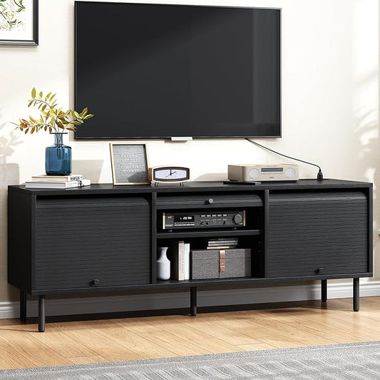 59 Inch TV Stand for TVs up to 65 Inch, Entertainment Center with Power Outlet, Mid-Century Modern TV Console with Storage, Adjustable Shelf & Sliding Doors, TV Stand for Living Room, Black