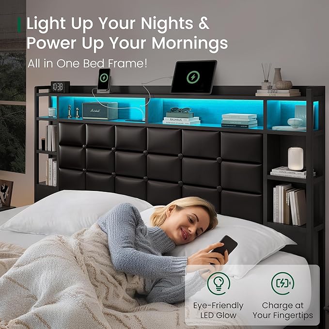 Queen Size Bed Frame with Charging Station and LED Lights Wooden Platform Bed Frame with 4 Storage Drawers and Bookcase Headboard, Faux Leather Upholstered, No Box Spring Needed, Black