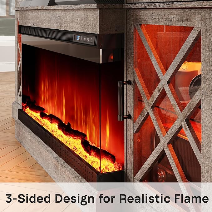 3-Sided Farmhouse LED Fireplace TV Stand, 70" Large Entertainment Center Glass Doors for TVs up to 80", Modern Wood Grain High-Gloss TV Storage Cabinet for Living Room, Light Grey