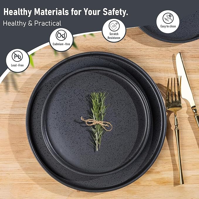 GBHOME Ceramic Dinnerware Sets for 4, Stoneware Plates and Bowls Sets, Chip and Scratch Resistant Dishes, Dishwasher & Microwave& Oven Safe Dishes sets, Reactive Glaze-Speckled Black