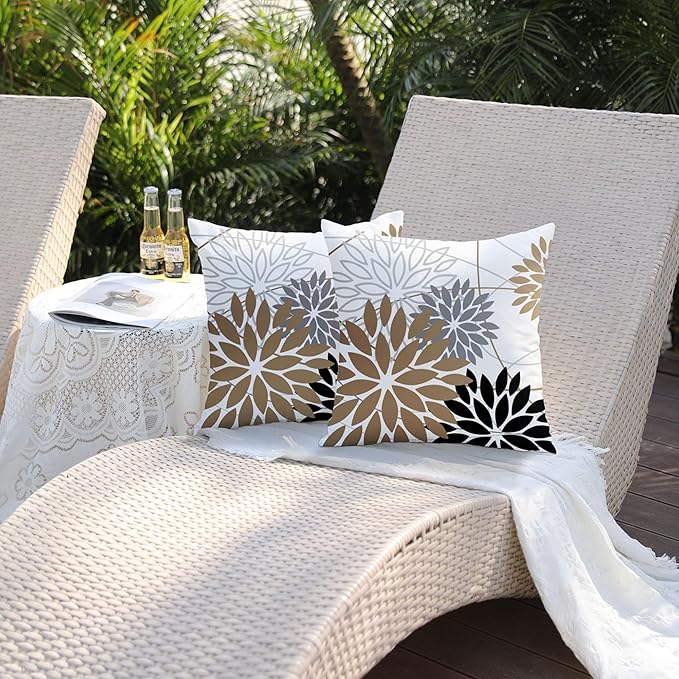Brown and Black Floral Pillow Covers 18x18 Set of 2 Outdoor Waterproof Decorative Throw Pillows Summer Pillow Covers Polyester Cushion Case Decor for Couch Patio Funiture Garden Porch 01Y18