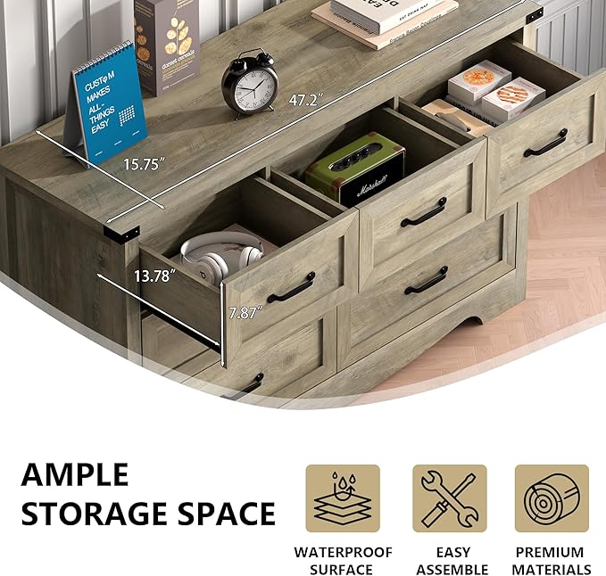 7-Drawer Dresser for Bedroom – 47" Wide Modern Wooden Chest with Natural Wood Texture, TV Stand & Storage, Metal Corner Brackets, Wood Drawer Organizer for Living Room, Hallway