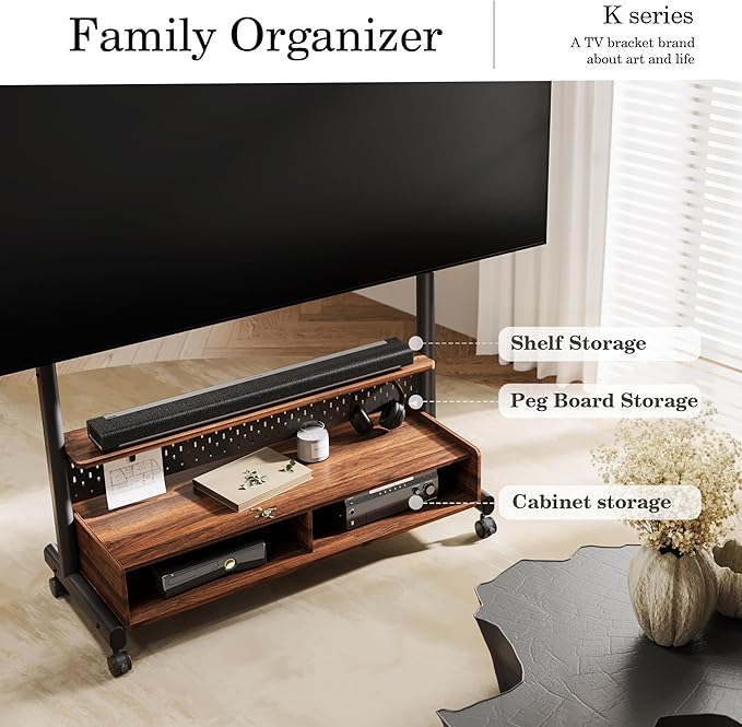FITUEYES Rolling TV Stand Mount for 70 to 100 Large TV Screens，Mobile TV Floor Stand on Wheels with Ample Storage Pegboard & Wooden Shelf, Rolling TV Cart Hold up to 176 lbs, Max VESA 850 x 600