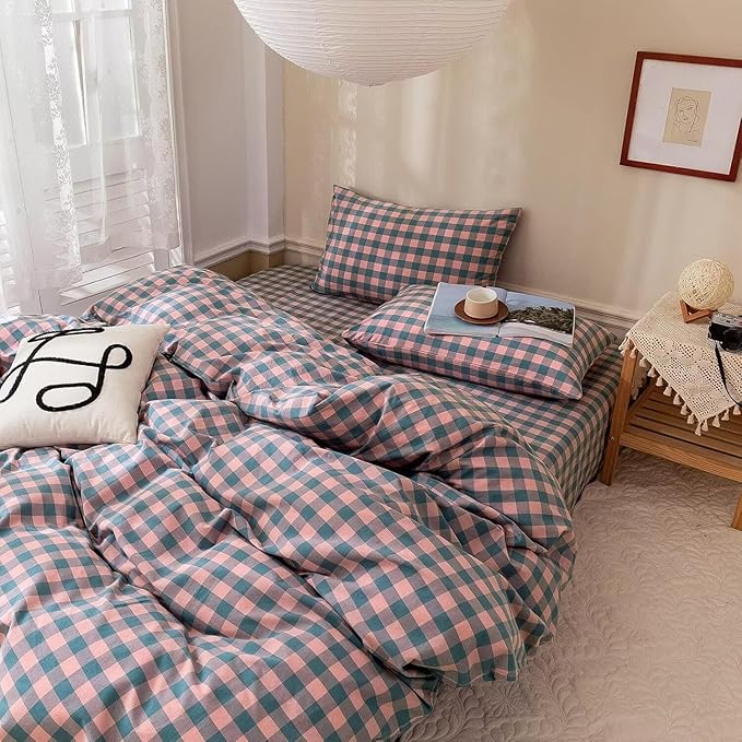 mixinni Plaid Comforter Set King - 3 Piece Soft Geometric Checkered Comforter with 2 Pillow Shams, Modern Gingham Pattern Bedding Set for All Season, Breathable & Soft Cozy (Pink, Purple, Blue)