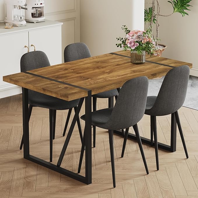 Rustic 5 Piece Dining Room Table Set for 4 People, Mid Century Modern 55 Inch Rectangle Wood Kitchen Dining Table with 4 Fabric Chairs Set, Suitable for Kitchen Dining Room