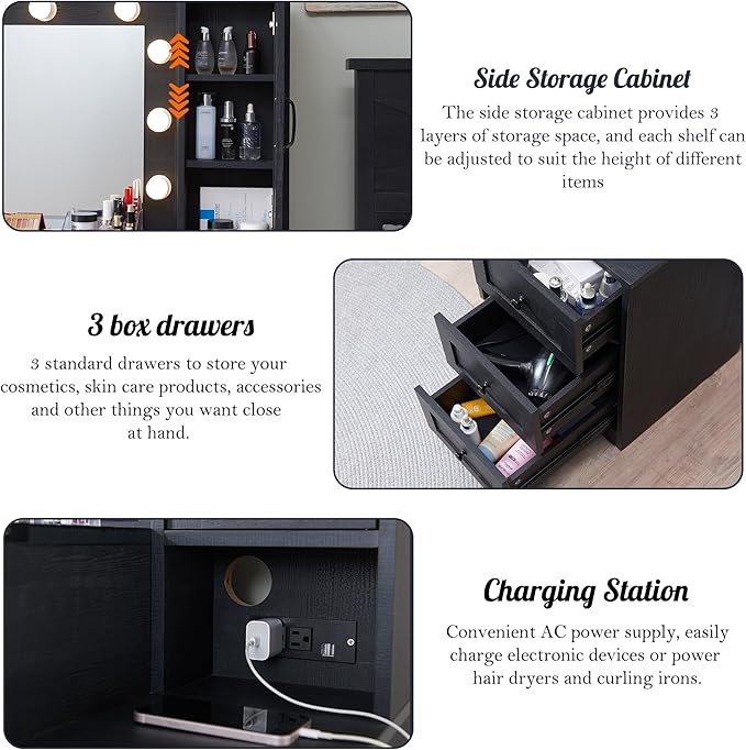 Farmhouse Vanity Desk with Mirror and Lights, 43" Wide Makeup Vanity with Glass Tabletop and Charging Station, Modern Vanity Table Set with Storage and Stool for Bedroom, Black