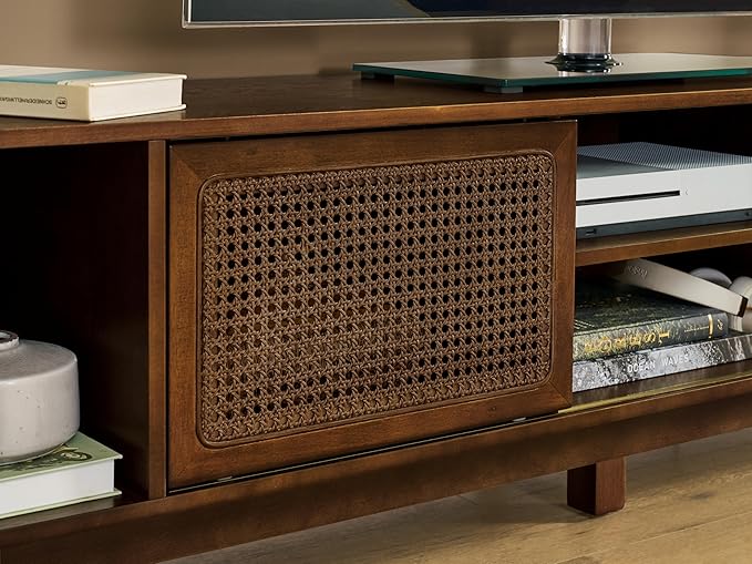 68 Inch Mid Century Modern TV Stands with Rattan Doors, MCM Entertainment Center Media Console for 60/65/70/75 inch TVS, Long Boho Television Stand for Living Room, Dark Walnut