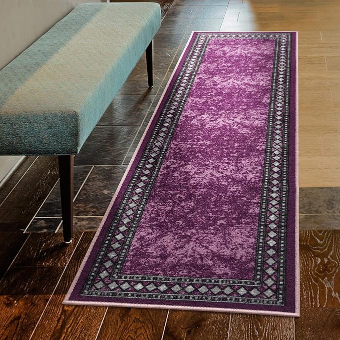 Antep Rugs Alfombras Modern Bordered 2x7 Non-Skid (Non-Slip) Low Profile Pile Rubber Backing Indoor Area Runner Rugs (Purple, 2' x 7')