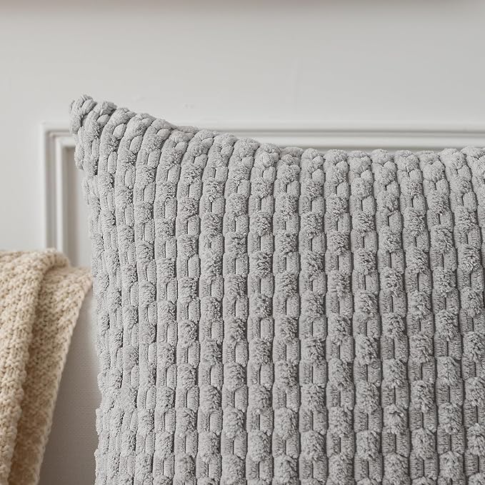 Kevin Textile Decorative Throw Pillow Covers Corduroy Square Boho Cushion Cover with Stripes Cases for Bedroom Sofa Living Room Couch Set of 2 18x18 Inch Light Grey