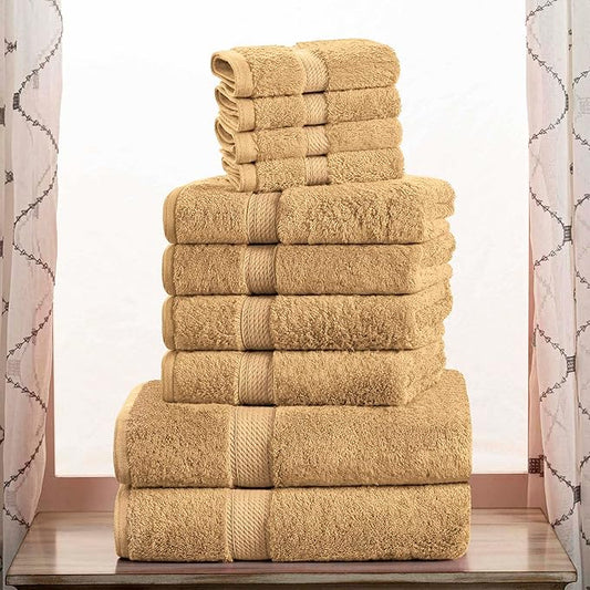 Superior Egyptian Cotton Pile 10 Piece Towel Set, Includes 2 Bath, 4 Hand, 4 Face Towels/Washcloths, Ultra Soft Luxury Towels, Thick Plush Essentials, Guest Bath, Spa, Hotel Bathroom, Toast