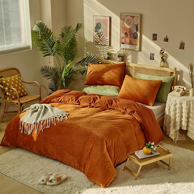 Luxlovery Burnt Orange Fluffy Comforter Cal King Rust Caramel Velvet Bedding Comforter Sets Flannel Winter Sherpa Micromink Blanket Quilts Warm Comfy Soft Bedding Comforter Set