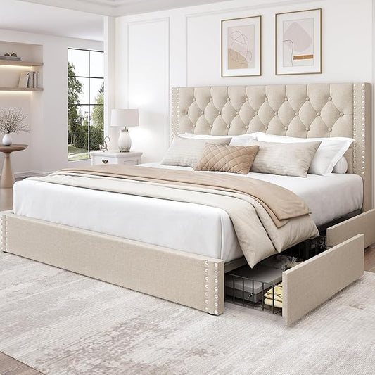 King Size Bed Frame with 4 Storage Drawers and Tufted Headboard Linen Upholstered Platform Bed Frame with Heavy Duty Wood Slats, No Box Spring Needed, Easy Assembly, Beige