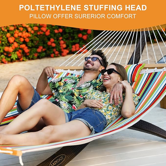 Lazy Daze 12 FT Sunbrella Quilted Hammock Double Hammock with Hardwood Spreader Bar, for Patio Outdoor Outside All Weather, 450 lbs Capacity, Carousel Confetti