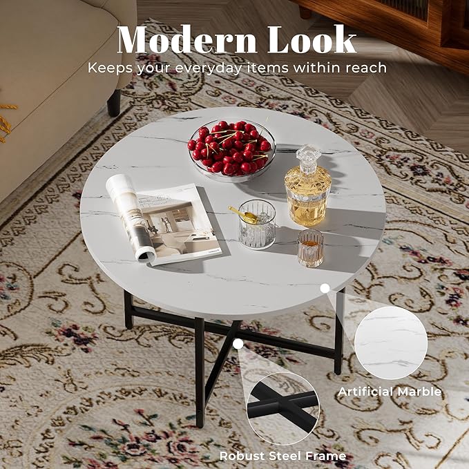 Round Coffee Table, Small Coffee Tables for Living Room, Low Wood Coffee Table with Metal Frame, Floor Table Desk for Sitting on The Floor, Home, Office, Rustic Brown (23.6" D x 17.7" H)