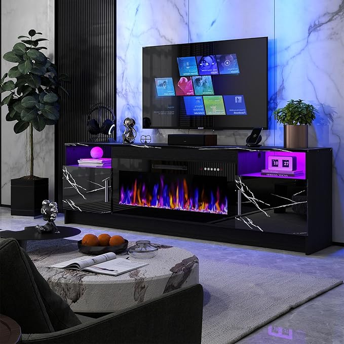 Ludatido 70 Inch TV Stand with 36 inch Electric Fireplace 27 LED Light Entertainment Center for TVs Up to 80" Black Modern Wood Media TV Console with Highlight Cabinet for Living Room Black Marbling