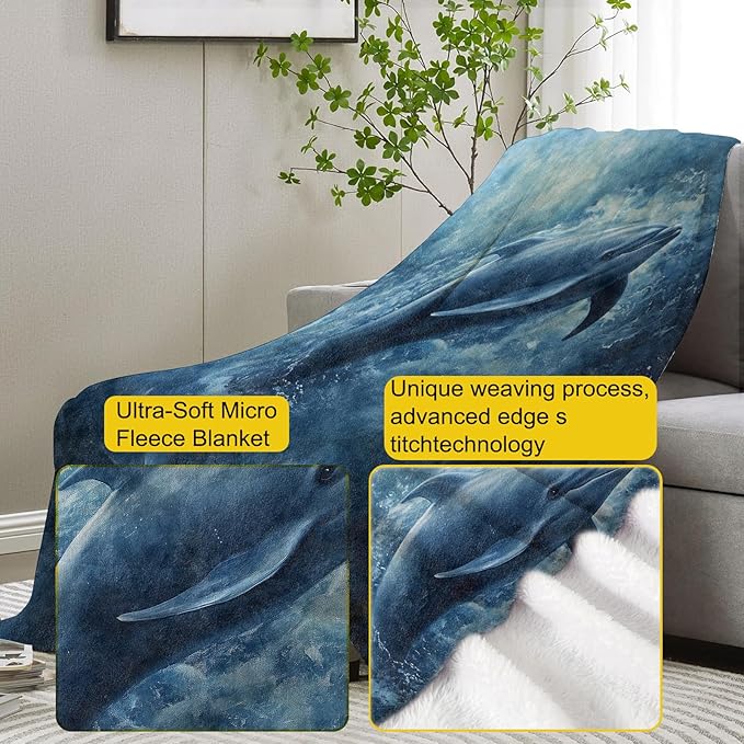 Dolphin Flannel Blanket, Dolphin Gifts, Ocean-Themed Blanket for Women, Soft Lightweight Throw Blankets for Bed Home Travel Decor 50" x 60"