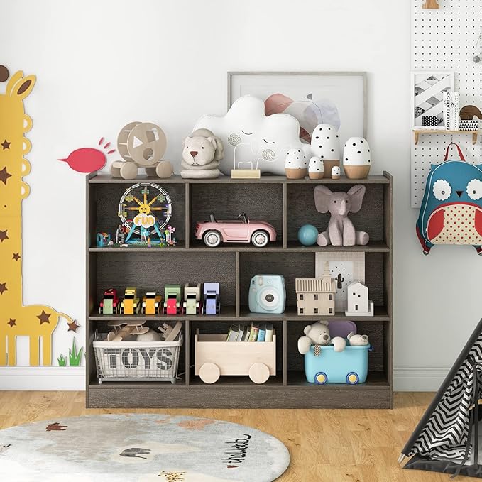 Toy Storage Organizer, 3-Tier Kids Bookshelf, 8 Cube Kids' Bookcases, Cabinets & Shelves, Wooden Toy Organizers, Small Book Shelf for Bedroom, Playroom, Classroom, Nursery (Gray)