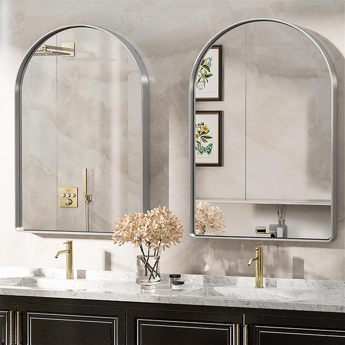 Suidia 22" x 30" Bathroom Mirror, Bathroom Vanity Mirror Metal Framed, Wall-Mounted Mirrors for Bedroom, Living Room, Entryway, Hallway, Silver, Arch Style