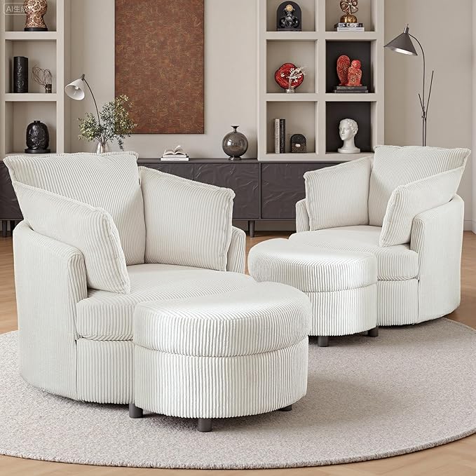 Swivel Accent Chair with Ottoman Comfy Reading Chairs for Bedroom Modern Corduroy Arm Chair 360°Swivel Barrel Chairs for Living Room,Apartment (White, 2)