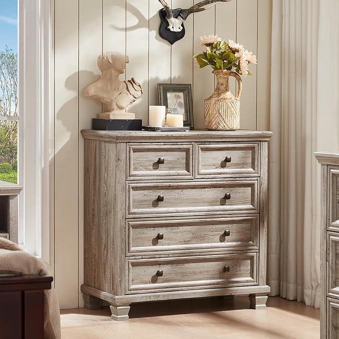 Farmhouse 5 Drawer Dresser for Bedroom, 33 Inch Tall Vintage Wood Chest of Drawers, Rustic Small Dressers w/Square Wooden Legs, Mid-Century Storage Organizer for Living Room, Grey