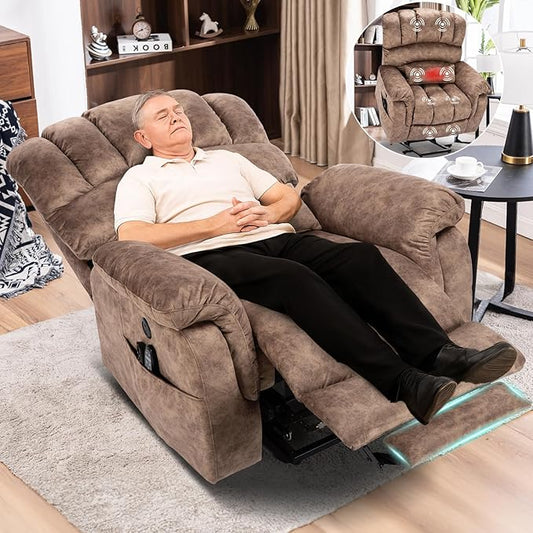 MEETWARM Large Dual Motor Power Lift Chair with Extended Footrest for Big Tall Elderly, Infinite Position Lay Flat Lift Electric Recliner, Heat Massage, Lumbar Pillow, USB & Type-C Ports, Plush Brown