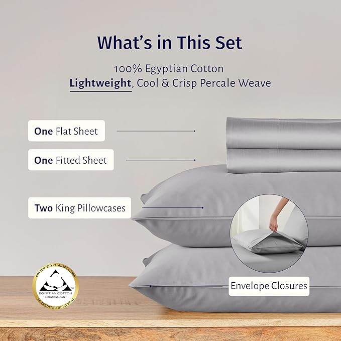 California Design Den King Bed Sheets Set - Certified 100% Egyptian Cotton Percale Sheets King with Deep Pockets, Cool, Crisp & Durable Luxury Bedding Set - Light Grey