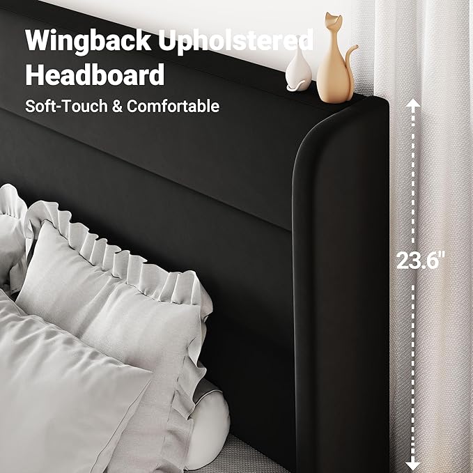 Allewie Queen Size Platform Bed Frame with Velvet Upholstered Wingback Headboard, No Box Spring Needed, Under Bed Storage Space, Strong Wooden Slats, Modern Mattress Foundation, Easy Assembly, Black