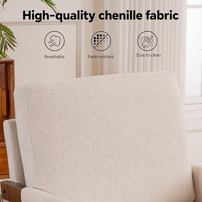 Mid Century Modern Accent Chair with Wood Frame, Upholstered Living Room Chairs with Wide Armrest, Chenille Fabric Comfy Arm Chair for Bedroom, Reading Room, Balcony, Beige