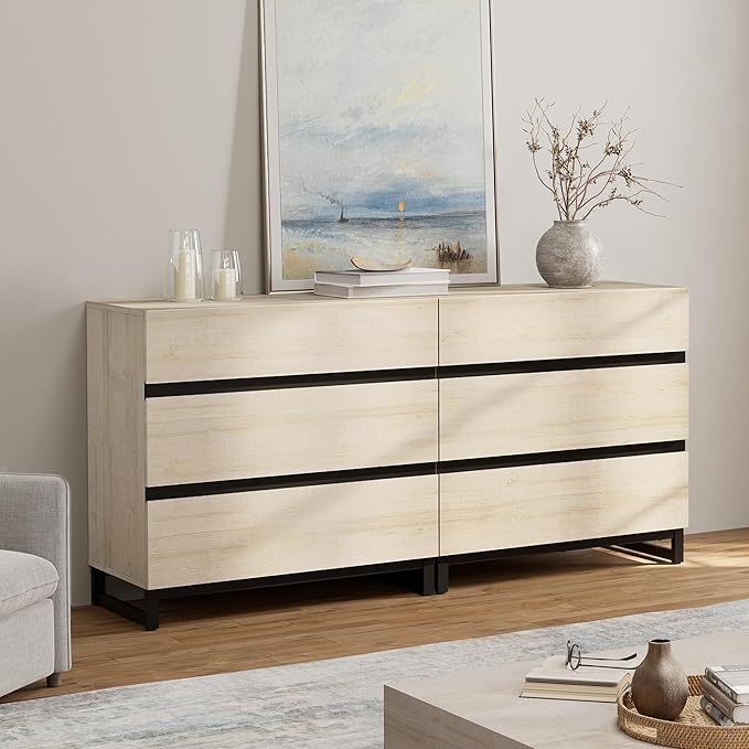 WAMPAT Dresser for Bedroom, Closet Organizers and Storage with 6 Drawers, Chest of Drawers with Metal Base, Modern Wood Dresser for Living Room, Bedroom,Light Oak