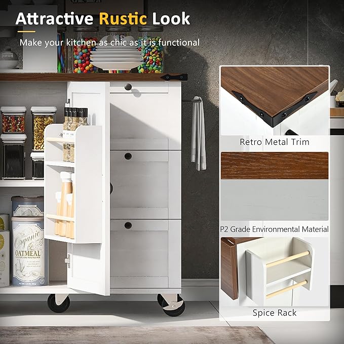 54.5" Farmhouse Kitchen Island with Power Outlet, Kitchen Storage Island with Internal Storage Rack, Drop Leaf, Spice Rack, Rolling Kitchen Cart on Wheels, for Home, Kitchen and Dining Room (White)