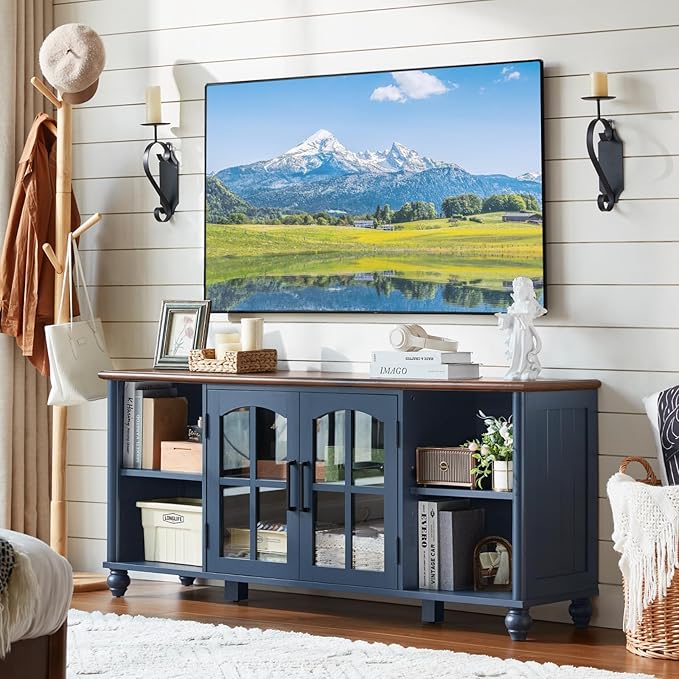 Farmhouse TV Stand for 60 Inch TV, Wood Entertainment Center with Glass Door Storage Cabinet & Adjustable Shelves,Television Stands for 65" TVS, TV Console Table for Living Room,Bedroom,Blue