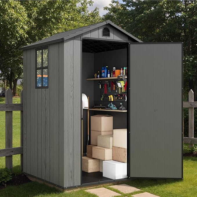 Greesum 4×4FT Plastic Outdoor Storage Shed with Floor, Resin Storaged Sheds with Lockable Door, Window & Vent, All-Weather Tool Sheds for Garden, Backyard, Patio, Dark Gray (One-Piece Panel)