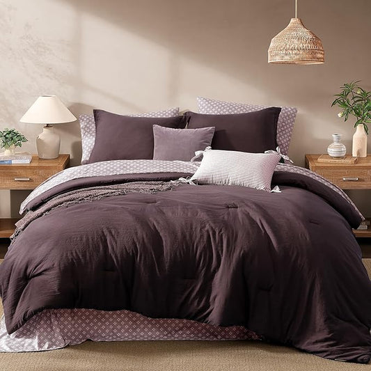 Monbix King Size Comforter Set - 7 Pieces ltalian Plum Prewashed Bed in a Bag King Bedding Sets with Comforters, All Seasons Down Alternative Comforter Bed Set with Sheets,Pillowcases & Shams