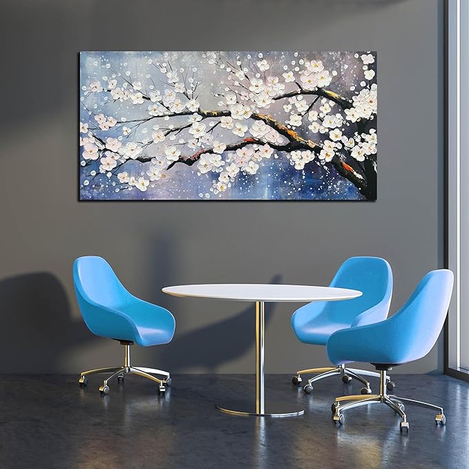 White Flowers Hand Painted Wall Art For Office Women Blue Wall Decor For Bedroom Aesthetic Family Wall Decor For Living Room Size 24 x 47 Inch