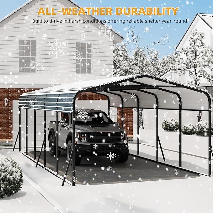 12 x 24 FT Metal Carport with Galvanized Steel Roof, Heavy Duty Metal Roof Carport with Enhanced Base, Tall Kits Garage for Tractors, Trucks, Boats, Cars