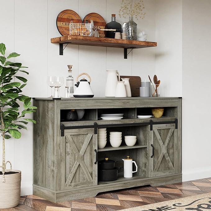 Farmhouse TV Stand for 65+ Inch TV, 34'' Tall Entertainment Center with Sliding Barn Doors, Rustic Wood Media Console Storage Cabinet Television Stand for Living Room, Bedroom Light Grey