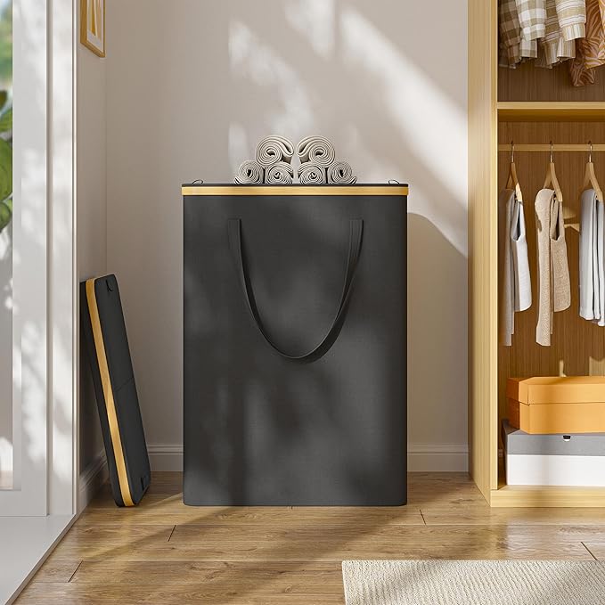 160L Double Laundry Hamper with Lid 2 Section, Large Bamboo Laundry Basket with 2 Removable Bags, Clothes Hampers for Laundry for Bedroom, Bathroom, Dorm, Laundry Room, Black