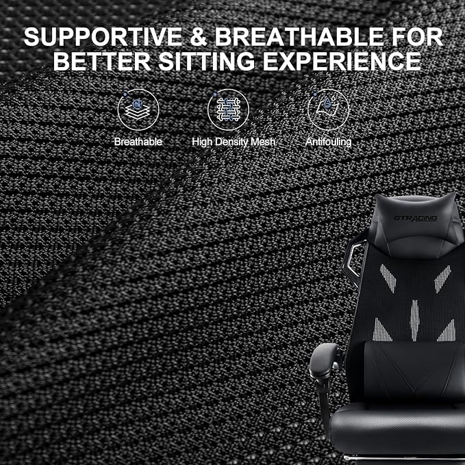GTRACING Gaming Chair, Computer Chair with Mesh Back, Ergonomic Gaming Chair with Footrest, Reclining Gamer Chair with Adjustable Headrest and Lumbar Support for Gaming and Office (Black)