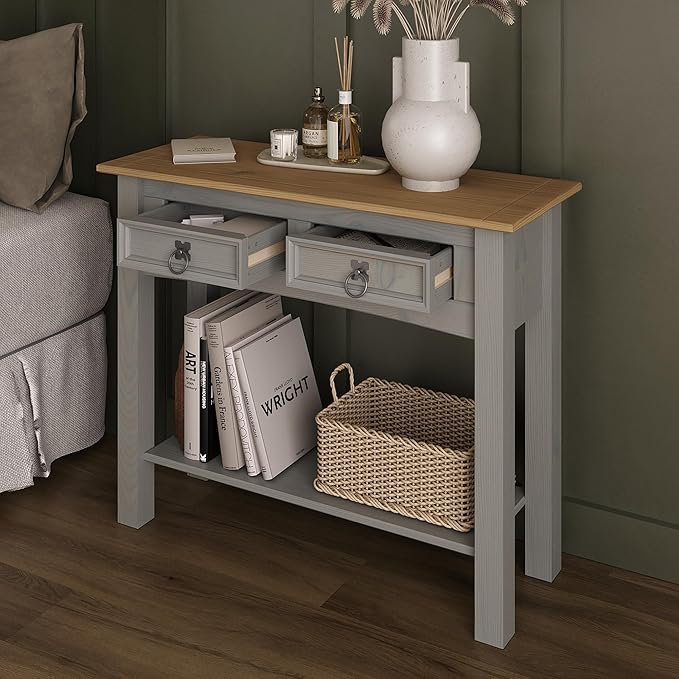 Solid Wood Hall Table Console 34.49" W, 12.64" D, 28.82" H - Farmhouse Entryway Table with 2 Drawers, Office Hallway Foyer, Wooden Storage, Cupboard Console Table