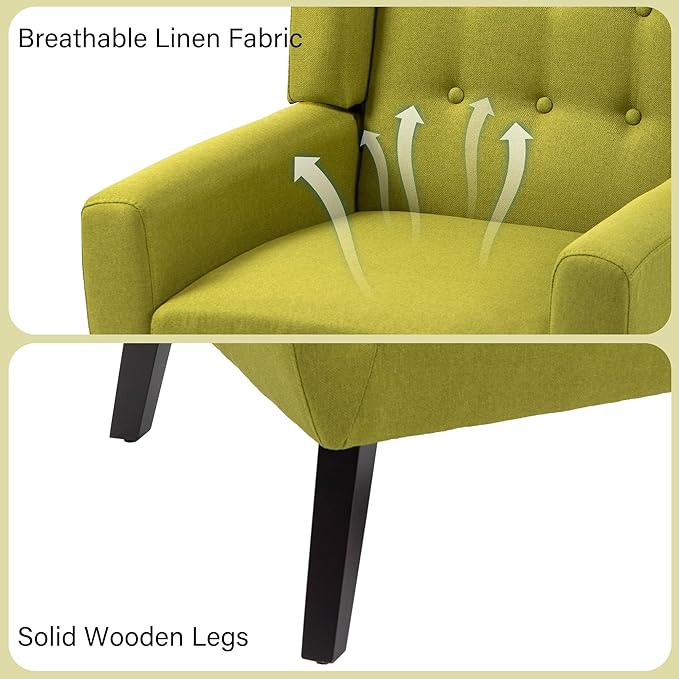 Accent Chair, Mid-Century Modern Fabric Chairs with Arms for Living Room, Comfy Upholstered Club Single Sofa Armchair for Bedroom Waiting Room with Solid Wood Frame (Fabric Green, Set of 1)