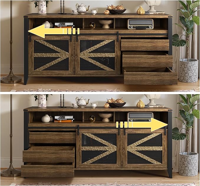 VFK 70 Inch TV Stand for TVs up to 70", Rustic Farmhouse Media Console with Sliding Barn Doors, 6 Drawers, Entertainment Center for Living Room